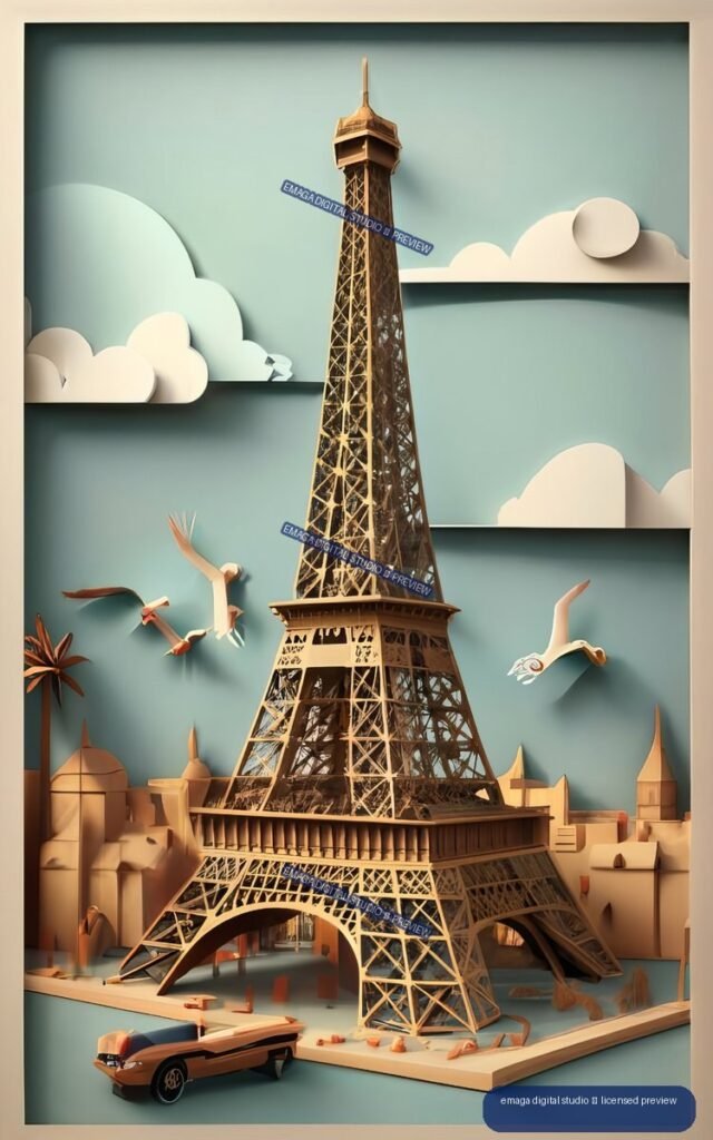 Paper-art diorama featuring the Eiffel Tower, layered clouds, Parisian buildings, birds, and a vintage car.
