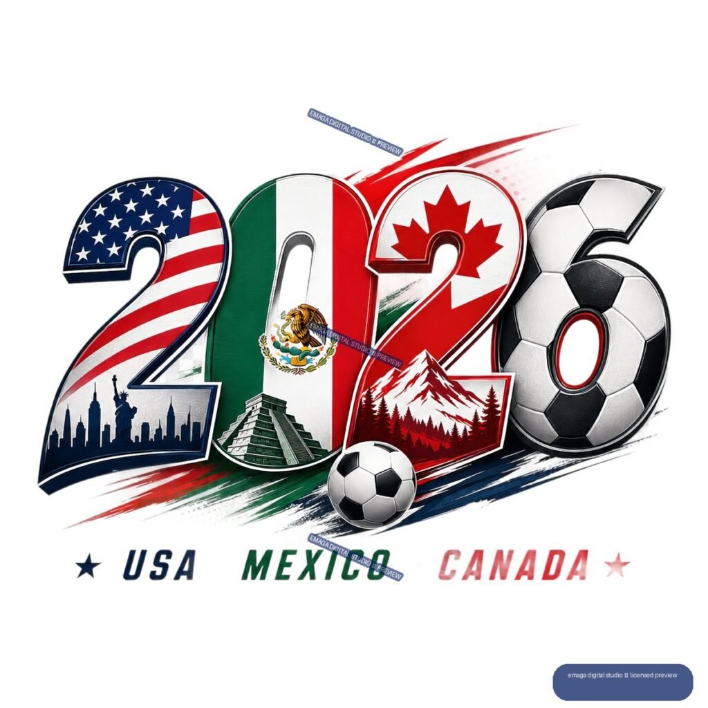 Decorative 2026 soccer graphic with U.S., Mexican, and Canadian flag imagery, soccer balls, landmarks, and the words USA, MEXICO, and CANADA.