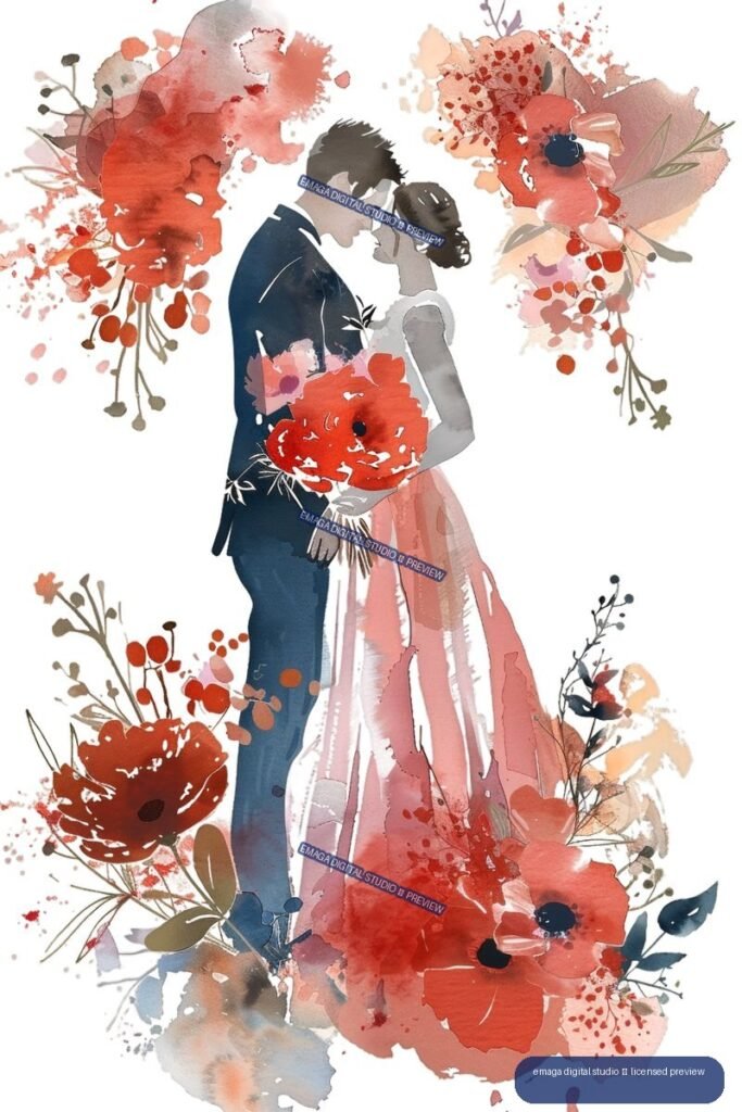 Watercolor illustration of a bride and groom kissing, surrounded by loose red, pink, and peach flowers and foliage.