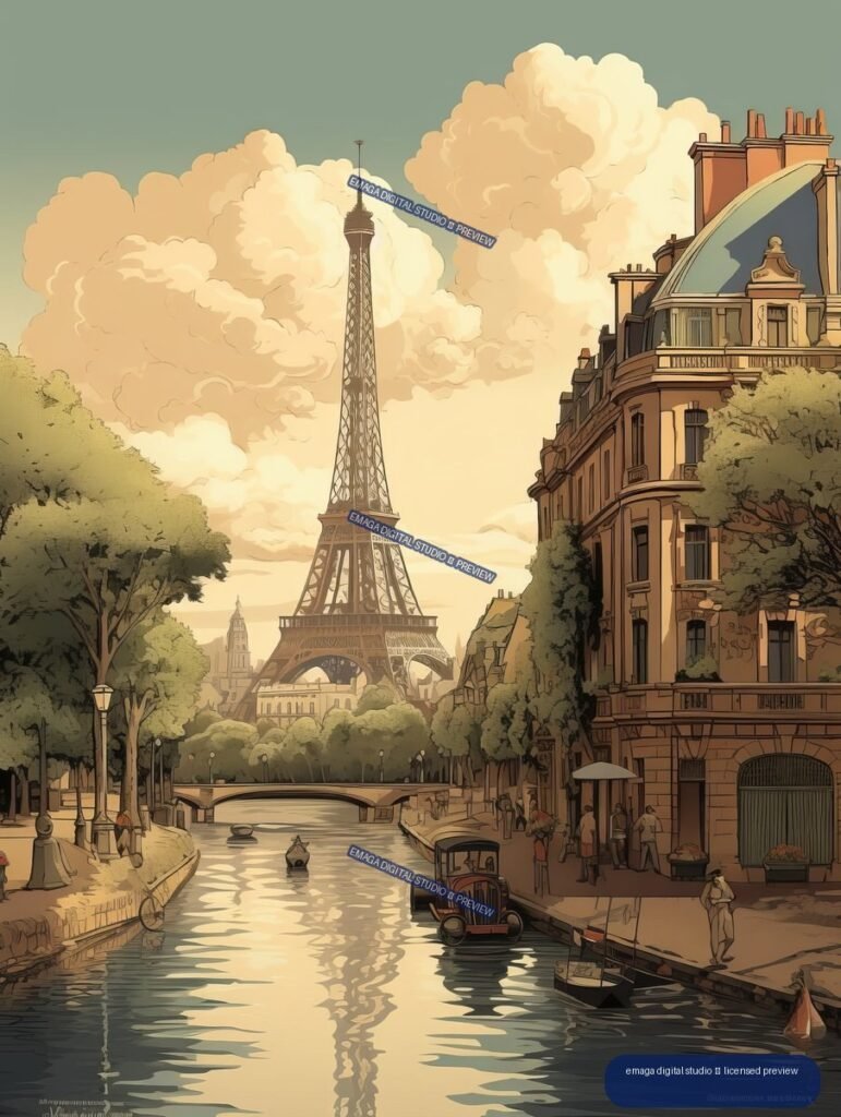 Vintage-style illustration of the Eiffel Tower beside a Parisian canal, with trees, ornate buildings, boats, and warm clouds.
