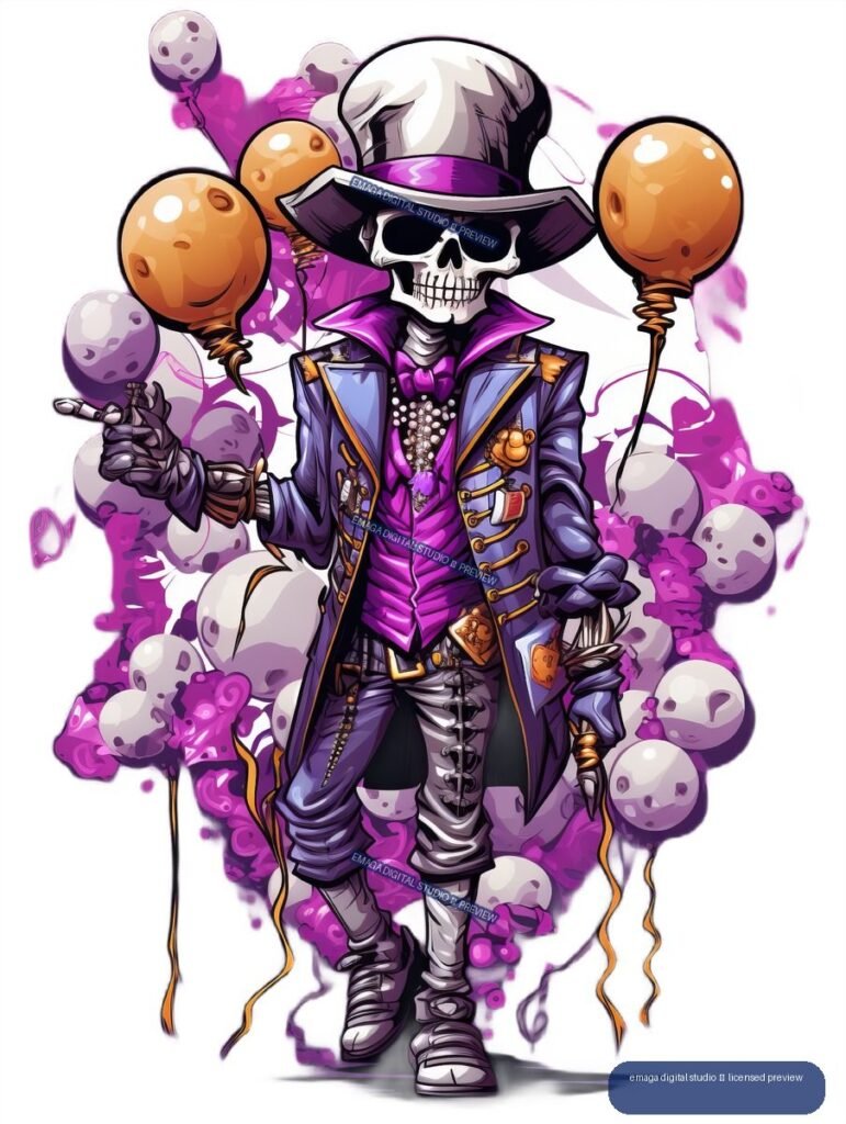 Colorful skeleton ringmaster in a tall top hat and purple coat, surrounded by orange and lavender balloons, ribbons, and purple smoke-like shapes.