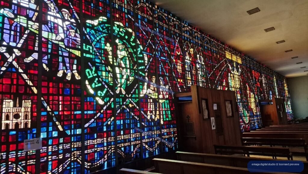 Colorful stained glass interior in Casablanca, Morocco