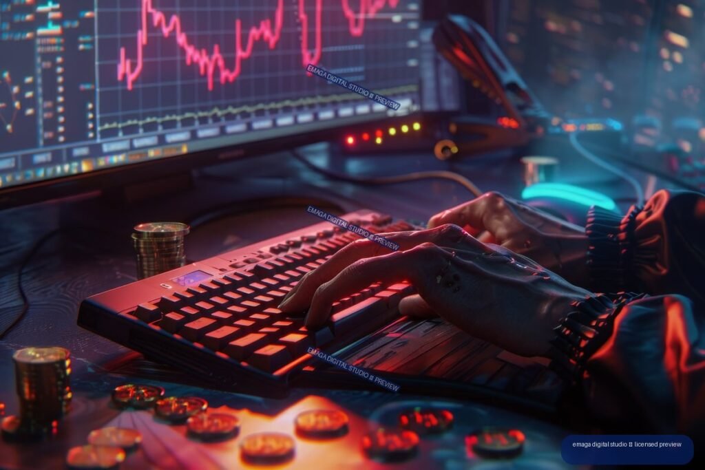 Hands typing on a glowing keyboard beside monitors displaying financial charts in a dark, colorful workstation.