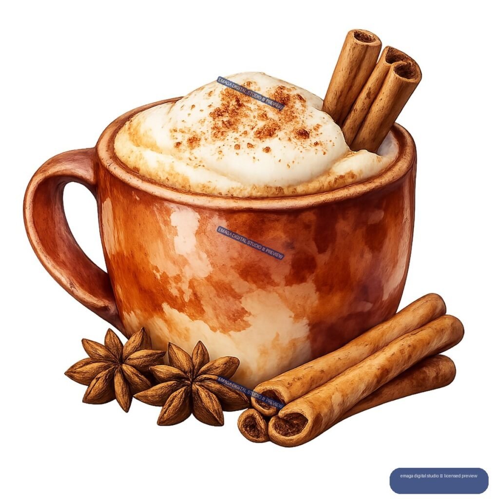 Brown ceramic mug of frothy hot drink with cinnamon sticks and star anise
