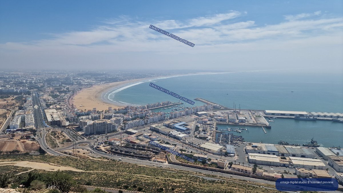 Aerial coastal view of Agadir, Morocco, beach and harbor