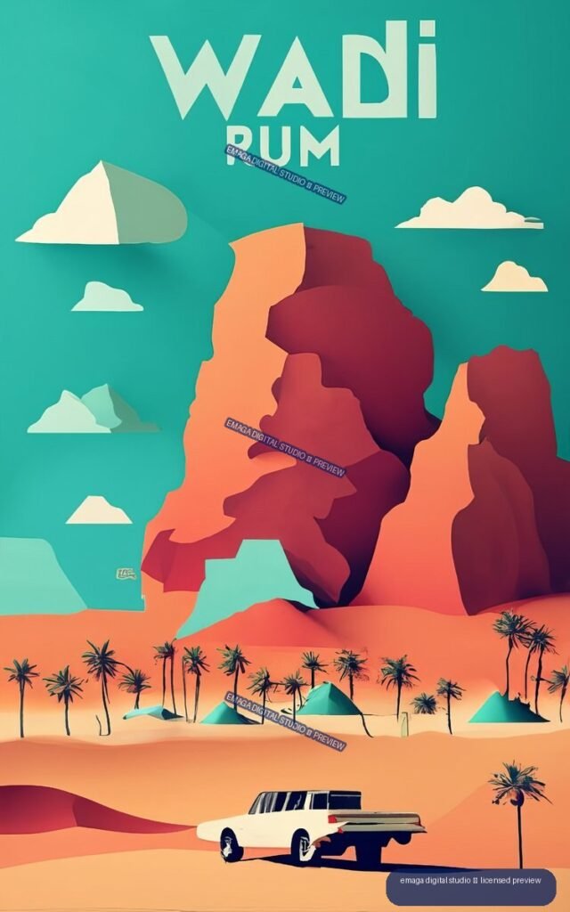 Stylized Wadi Rum travel poster with colorful desert cliffs, palm trees, a white vehicle, clouds, and large WADI RUM lettering.