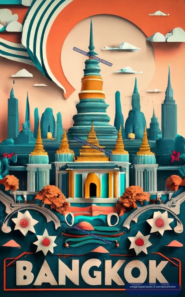 Illustrated Bangkok travel poster with ornate temples, teal skyline, floating clouds, decorative flowers, and large BANGKOK lettering.