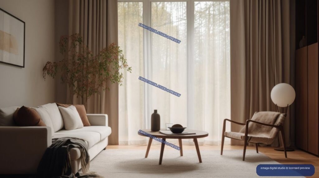 Minimalist living room with a white sofa, low wooden coffee table, armchair, indoor tree, and large softly curtained windows.