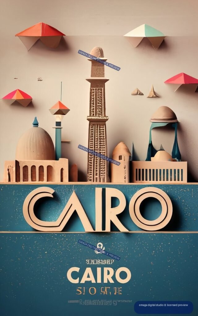 Stylized Cairo poster with domes, a central ornate tower, colorful geometric forms, and large CAIRO lettering.