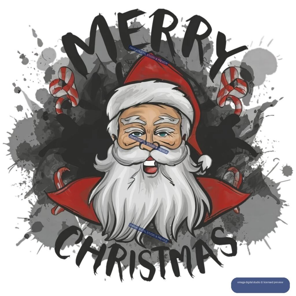 Santa Claus with a white beard, candy canes, gray splatter graphics, and bold “MERRY CHRISTMAS” lettering.