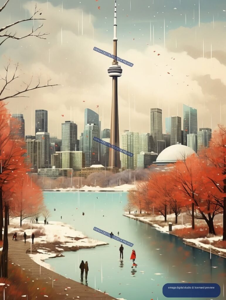 Illustrated winter view of Toronto with the CN Tower, skyscrapers, a frozen park waterway, snow, trees, and people skating.
