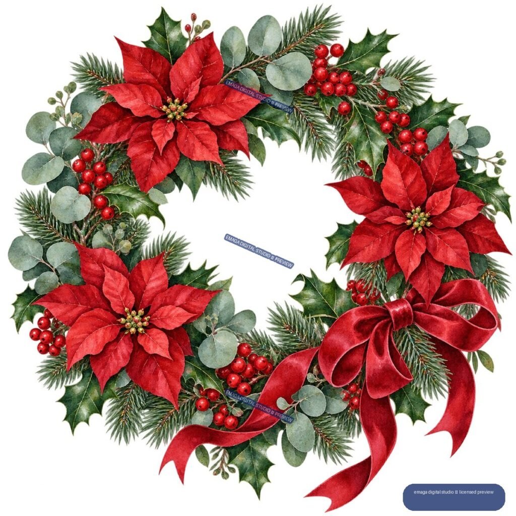 Watercolor Christmas wreath with red poinsettias, berries, holly, eucalyptus, pine branches, and a large red ribbon bow.