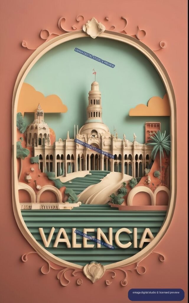 Stylized Valencia travel poster showing a domed historic building in an ornate oval frame, with palms, clouds, scrollwork, and large VALENCIA lettering.