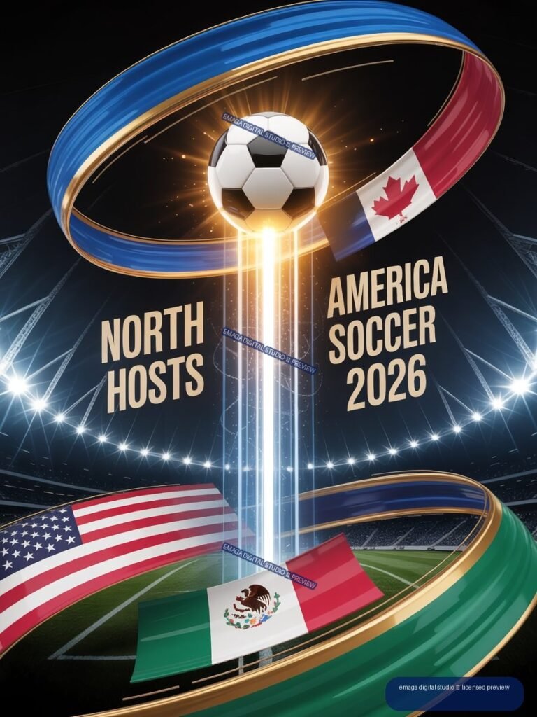 Vertical soccer poster with a central football, stadium lights, flowing Canadian, U.S., and Mexican flag motifs, and text reading North Hosts America Soccer 2026.