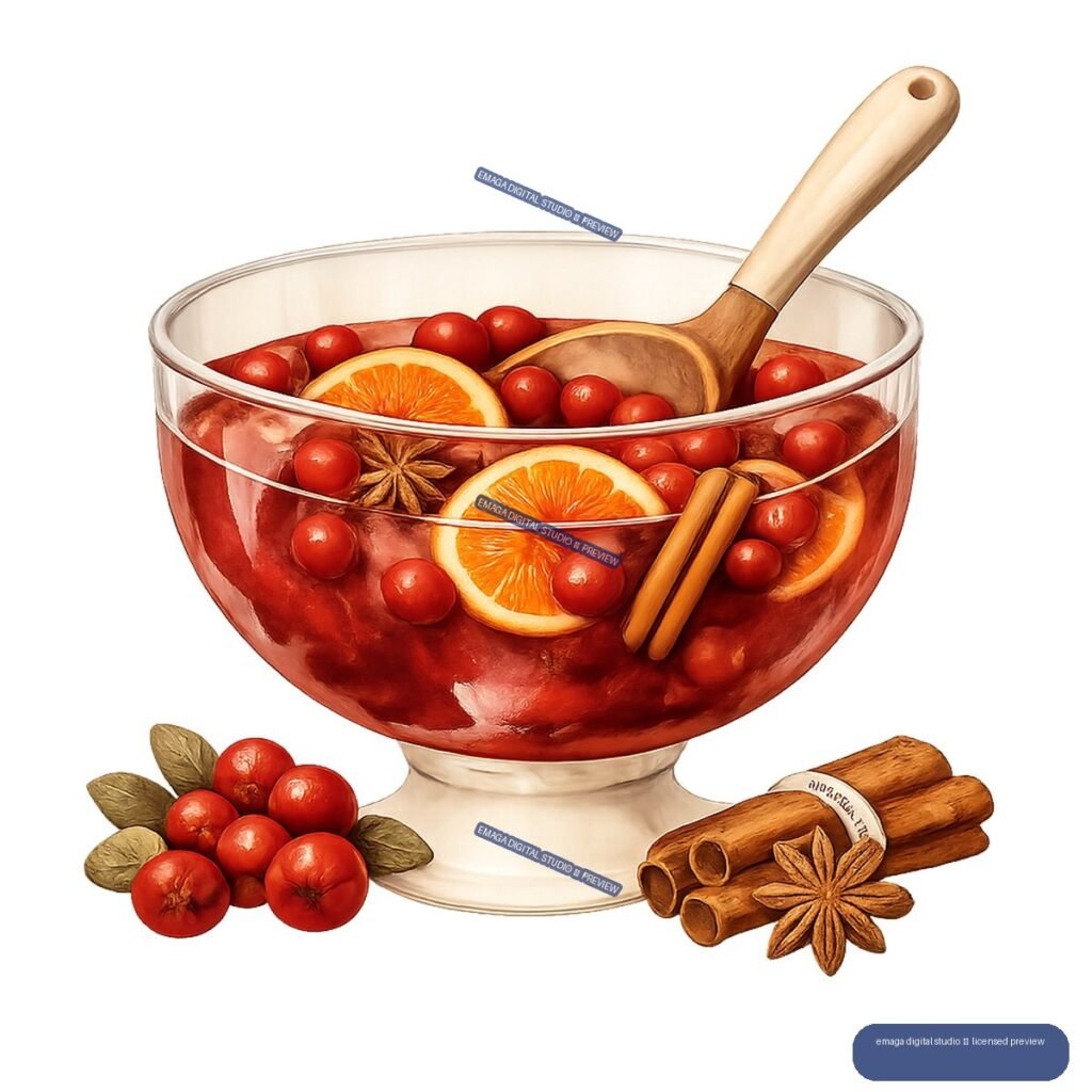 Glass punch bowl filled with red cranberry-orange drink, citrus slices, cranberries, cinnamon sticks, star anise, and a wooden ladle.