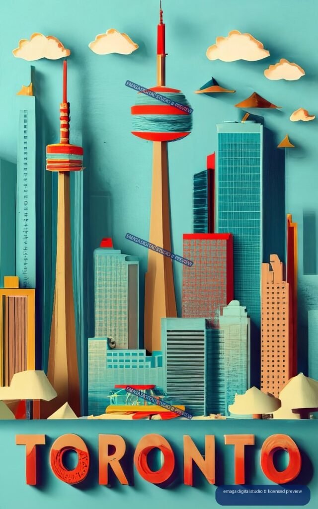 Stylized turquoise Toronto skyline poster with tall towers, geometric buildings, clouds, and large orange TORONTO lettering at the bottom.