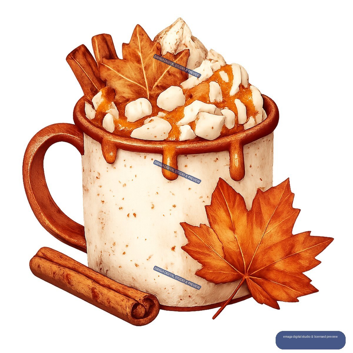 Illustration of an orange autumn drink in a speckled mug topped with whipped cream, maple leaves, and cinnamon sticks.