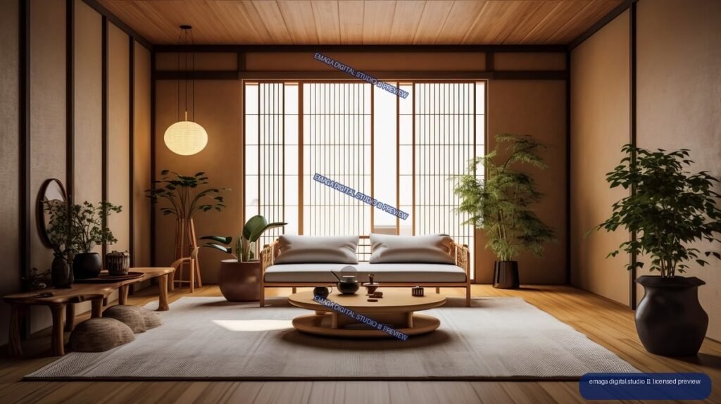 Warm minimalist living room with shoji screens, low sofa, round wooden table, rug, and plants.