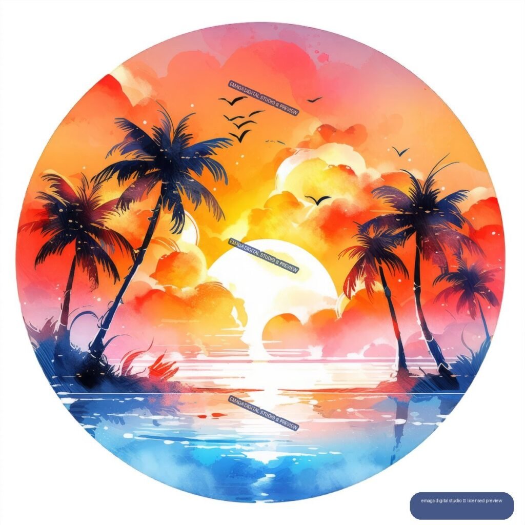 Circular watercolor-style tropical sunset with silhouetted palm trees, birds, glowing sun, and colorful ocean reflections.