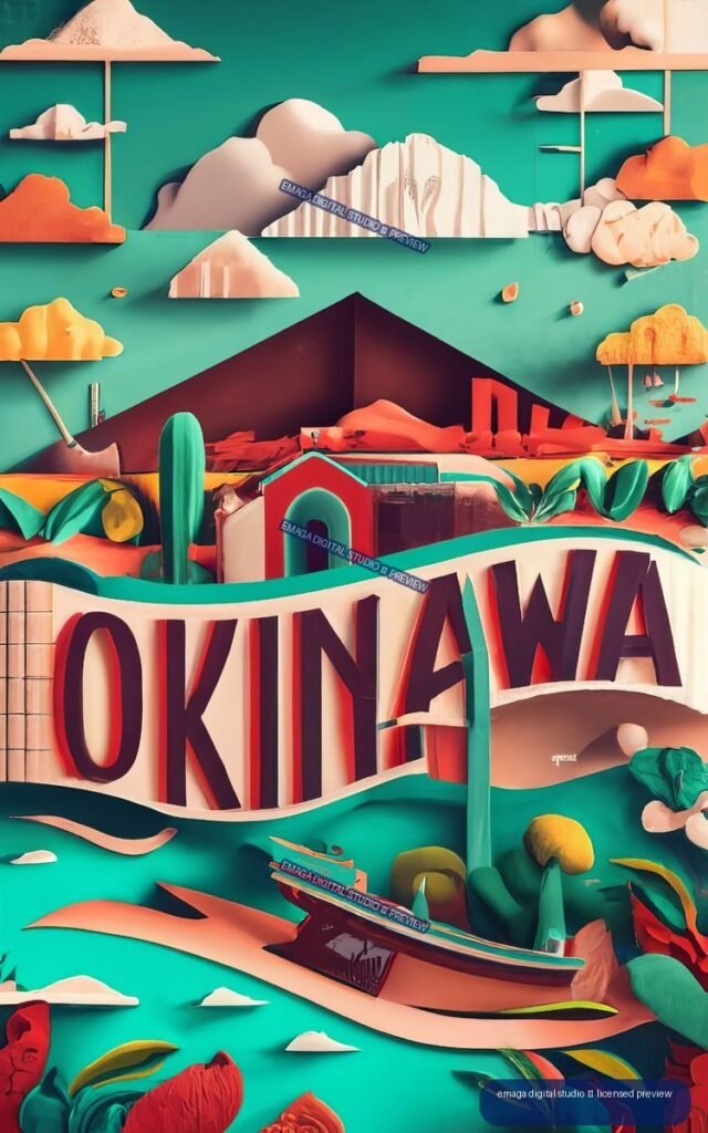 Stylized Okinawa travel poster with oversized lettering, tropical plants, a boat, mountains, clouds, and vivid teal and coral colors.