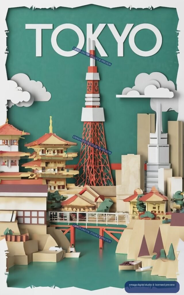 Vertical collage-style Tokyo poster with large TOKYO text, a red-and-white tower, Japanese buildings, bridge, clouds, and teal background.