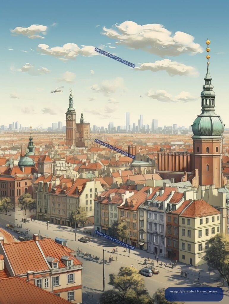 Stylized elevated view over Warsaw's red-roofed historic center, church towers, streets, and distant modern skyline beneath cloudy blue skies.