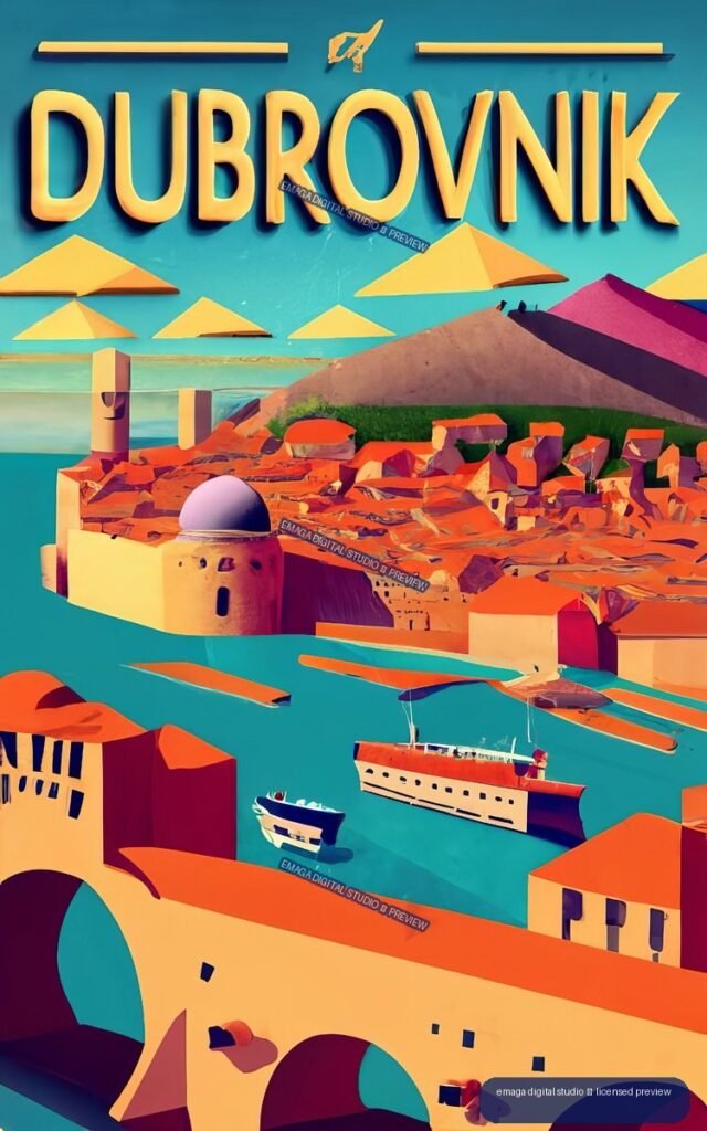 Vertical colorful poster labeled DUBROVNIK, showing a stylized coastal harbor with boats, historic buildings, mountains, water, and geometric beach umbrellas.