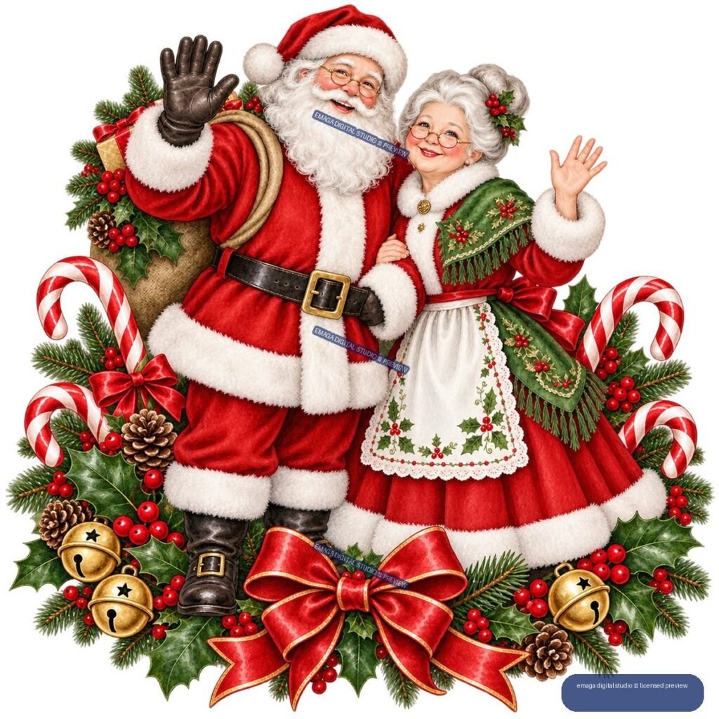 Santa Claus and Mrs. Claus waving amid candy canes, evergreen branches, holly, bells, pinecones, gifts, and a large red bow.