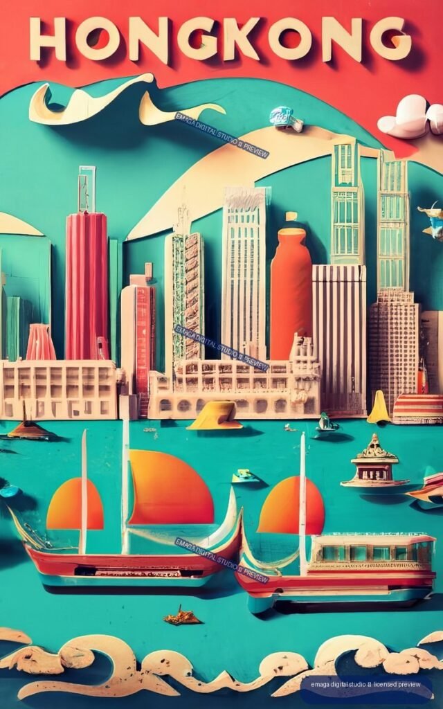Stylized Hong Kong poster with colorful skyscrapers, turquoise harbor, and traditional red-sailed junks beneath the word HONGKONG.