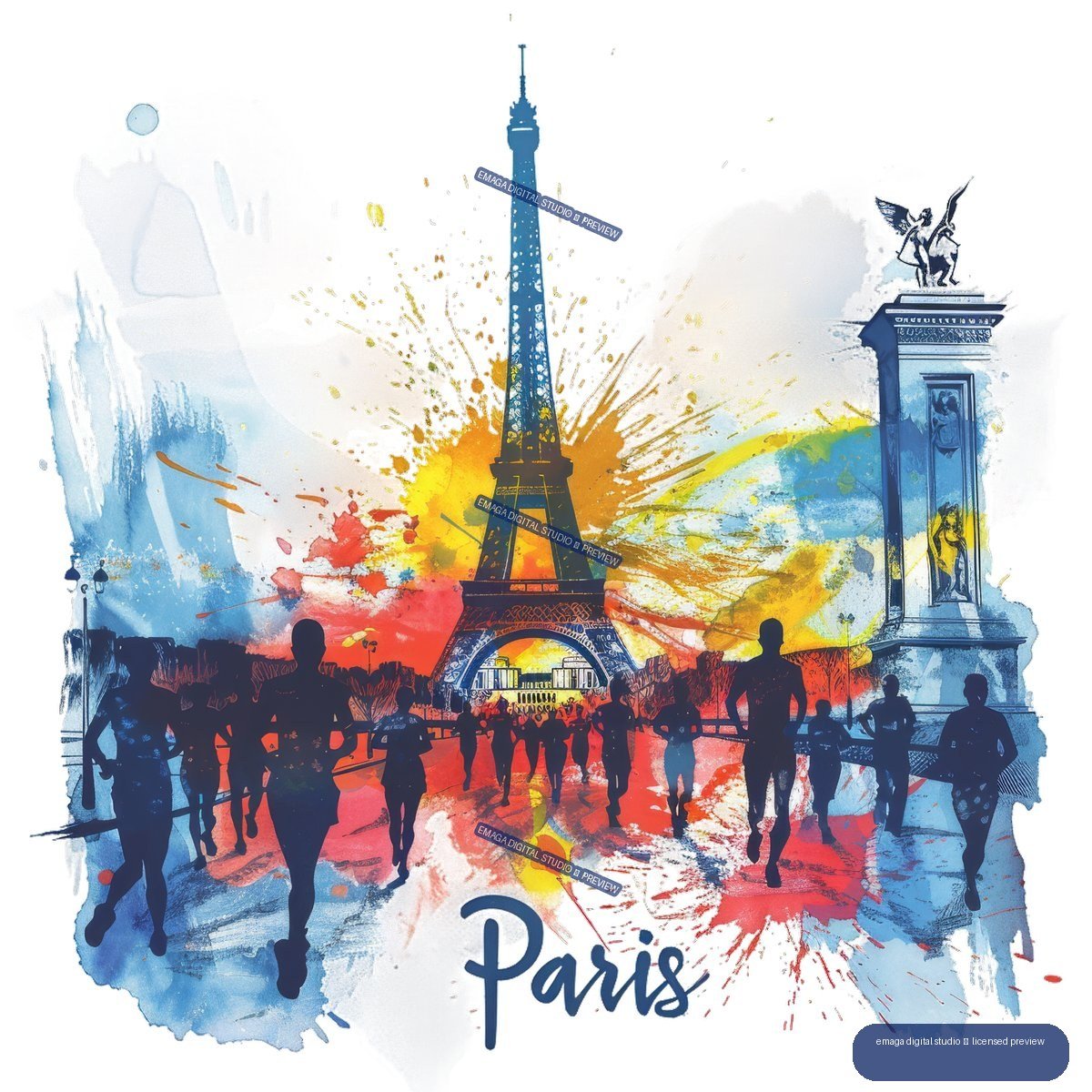 Colorful watercolor-style illustration of Paris with the Eiffel Tower, Arc de Triomphe, silhouetted pedestrians, and the word Paris.