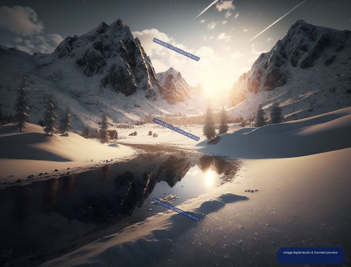 Snowy mountain valley at sunrise with evergreen trees, a reflective partially frozen pond, and a track through the snow.