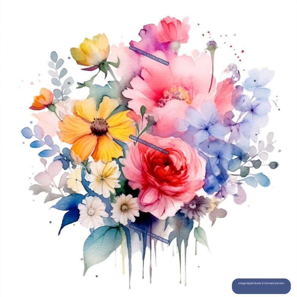 Colorful watercolor bouquet with pink, red, yellow, orange, blue, purple, and white flowers, leaves, splatters, and paint drips.
