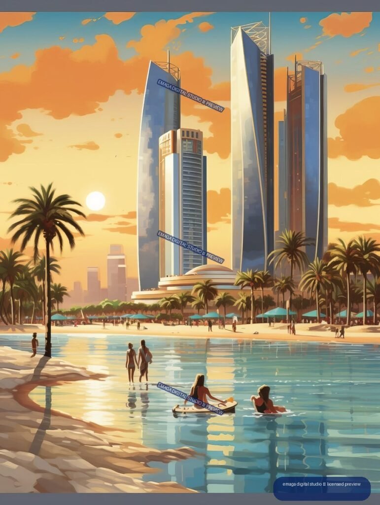Stylized Abu Dhabi waterfront with angular skyscrapers, palm trees, beach umbrellas, people, and reflective water beneath an orange sunset sky.