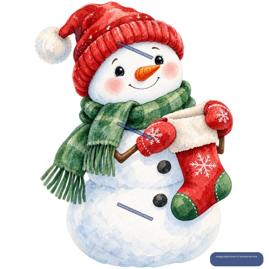 Watercolor snowman wearing a red hat and green scarf, holding a red snowflake stocking.