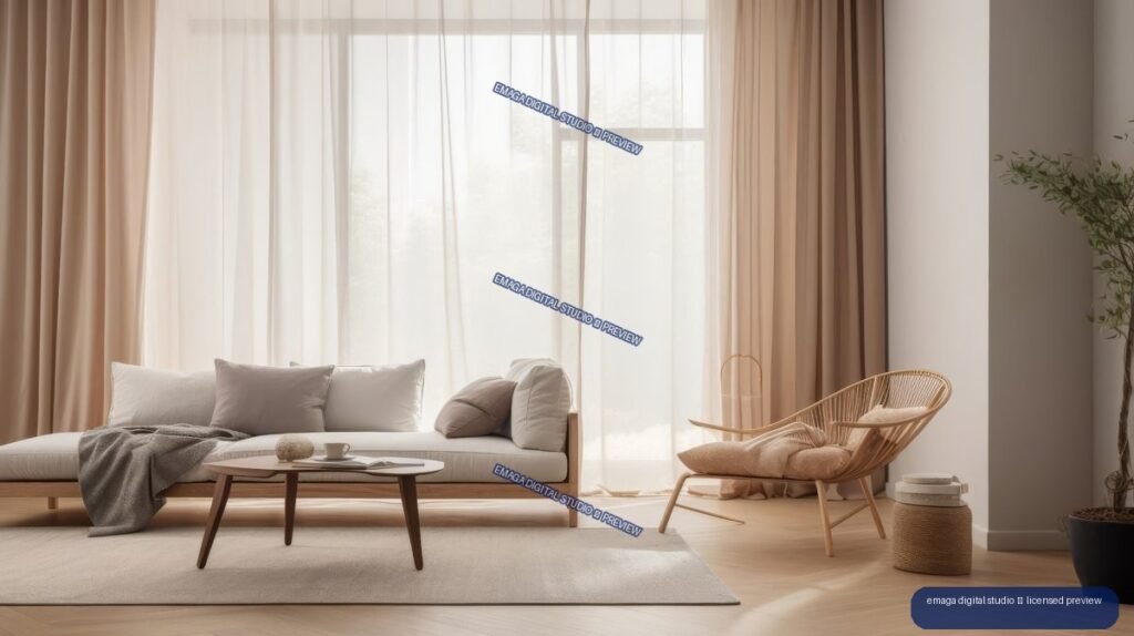Minimalist Japandi living room with a pale sofa, wooden coffee table, woven lounge chair, sheer curtains, and potted plant.