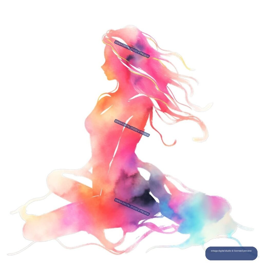 Seated nude female figure in profile with long flowing hair, rendered in vivid pink, coral, violet, blue, and turquoise watercolor washes.