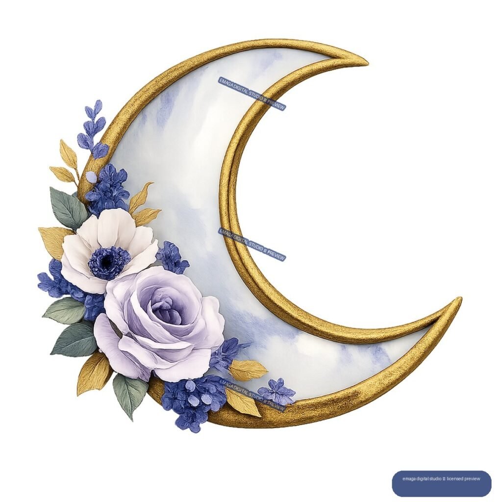 Gold crescent moon decorated with blue and lavender flowers, green leaves, and ochre foliage along the lower-left edge.