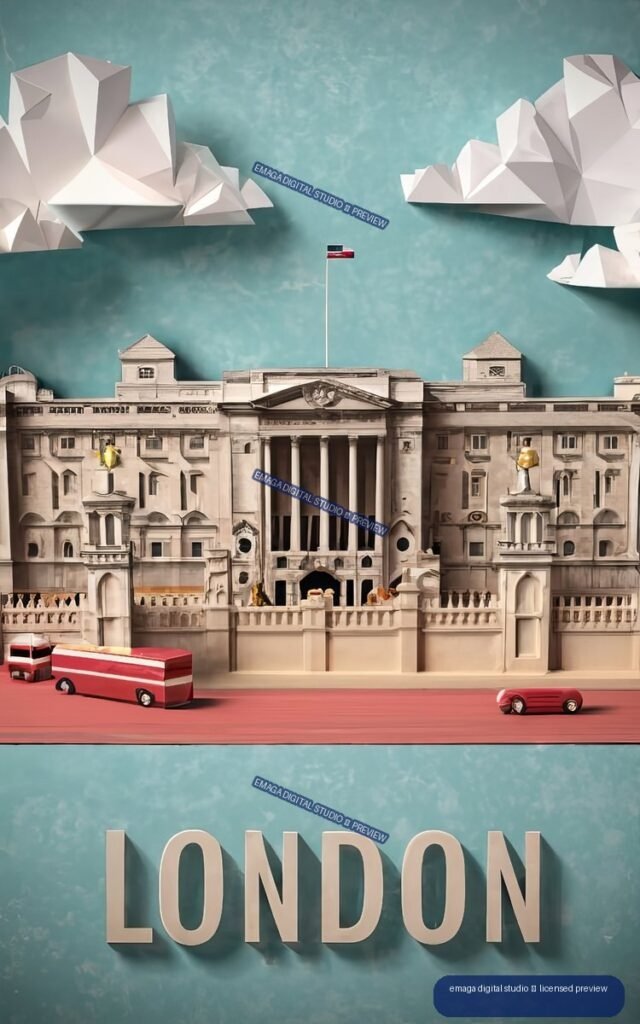 Paper-art illustration of Buckingham Palace with a Union Jack, red London buses, white folded clouds, and large LONDON lettering.
