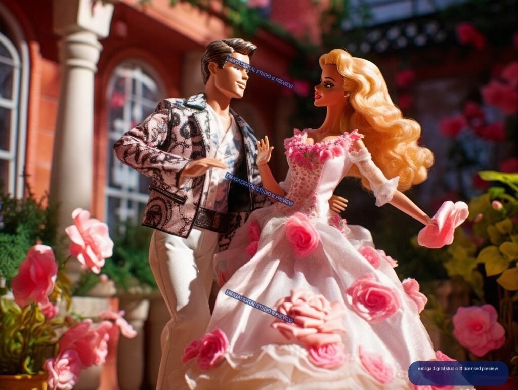 Two fashion dolls dance among pink roses in a sunlit garden; one wears a patterned jacket and white trousers, and the other wears a voluminous pink-and-white floral dress.