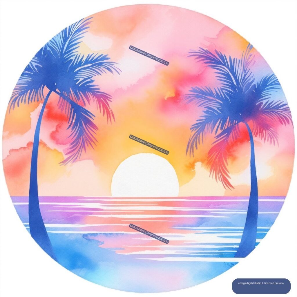 Circular watercolor sunset scene with two blue palm trees framing a colorful ocean horizon.