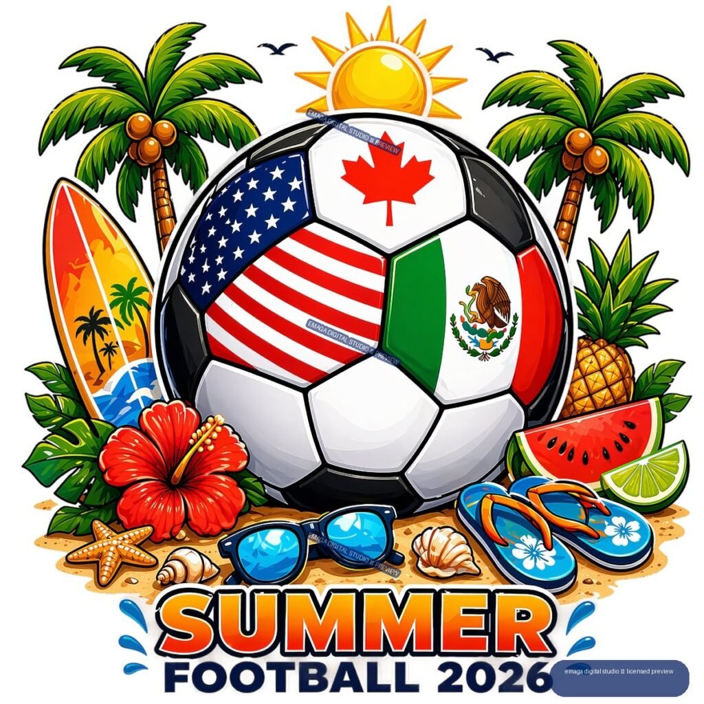 Colorful tropical soccer illustration with a ball featuring United States, Canadian, and Mexican flags, surrounded by beach items and text reading Summer Football 2026.