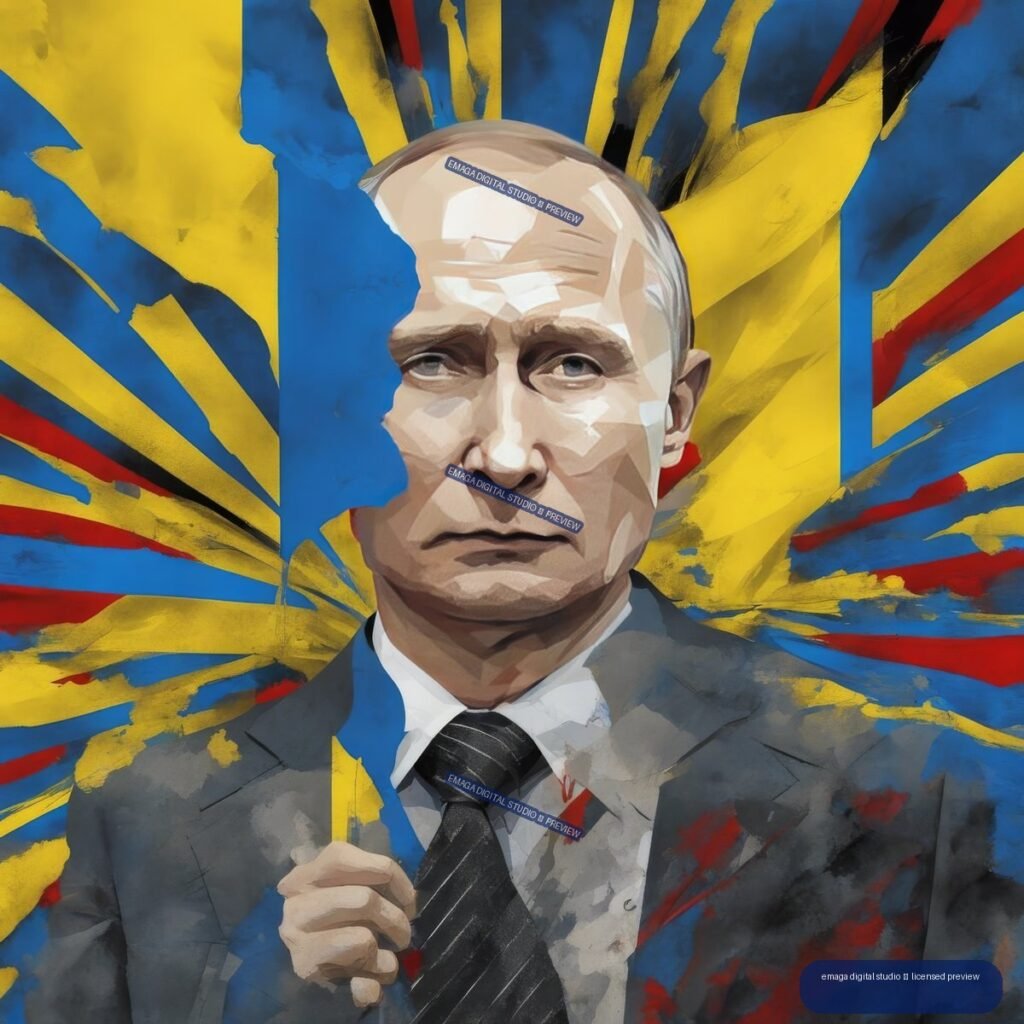 Stylized portrait of Vladimir Putin in a suit before blue and yellow flag-inspired shapes with red and black conflict-like strokes.