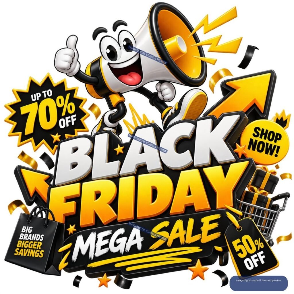 Cartoon megaphone character above bold Black Friday Mega Sale lettering with discount badges, shopping cart, gifts, and promotional text.