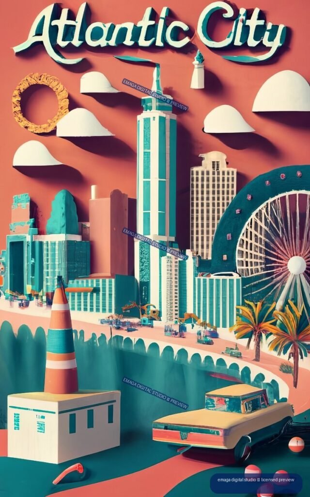 Stylized retro poster labeled Atlantic City showing Art Deco buildings, a Ferris wheel, palm trees, a striped traffic cone, clouds, and a vehicle in teal, coral, cream, and purple.