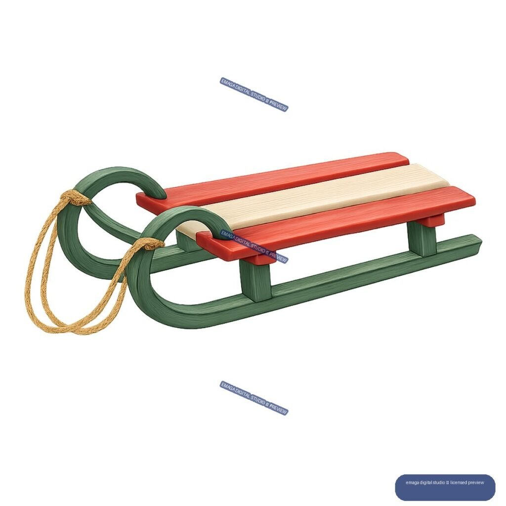 Stylized red and green wooden sled with a tan rope looped at the front, isolated.