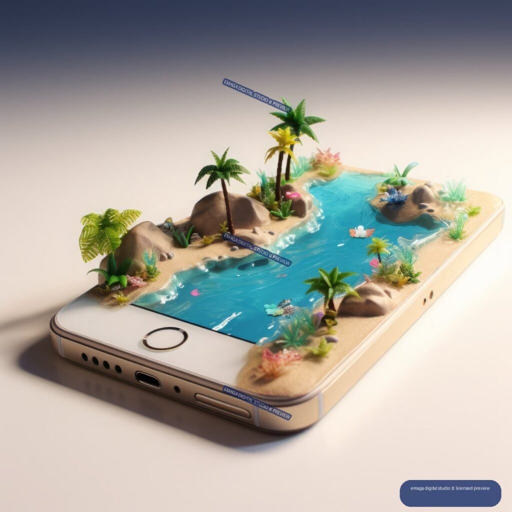 Gold mobile phone displaying a miniature tropical island with blue water, sand, rocks, palm trees, and plants.
