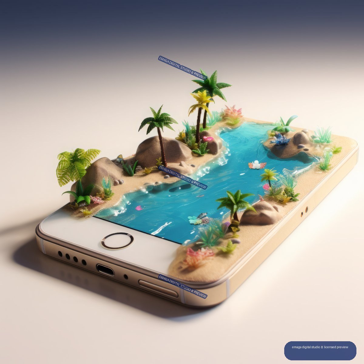 Gold mobile phone displaying a miniature tropical island with blue water, sand, rocks, palm trees, and plants.