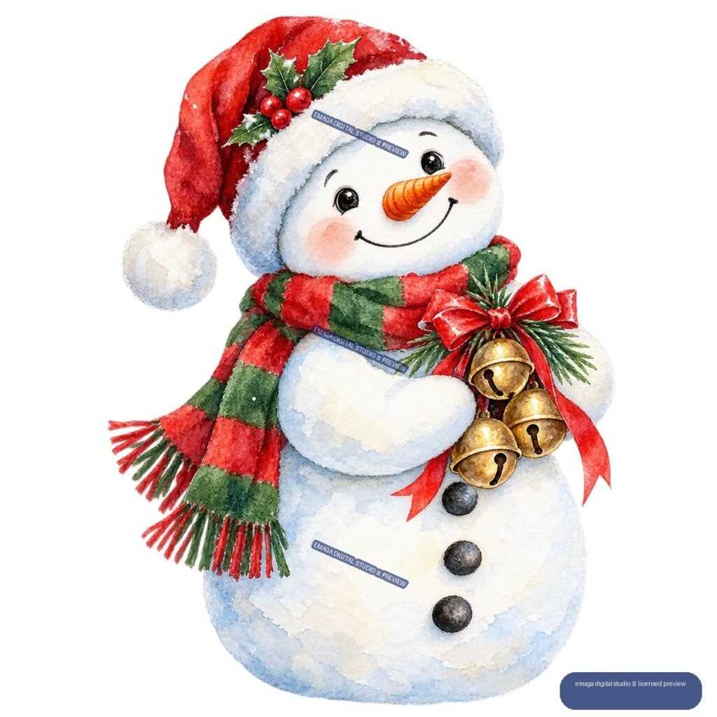 Watercolor Christmas snowman wearing a Santa hat and striped scarf, decorated with holly, bells, and a red bow.