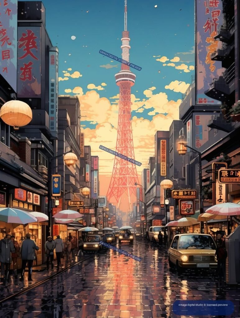 Stylized Tokyo street at sunset with Tokyo Skytree, Japanese storefront signs, lanterns, pedestrians, umbrellas, cars, and reflections on a wet road.