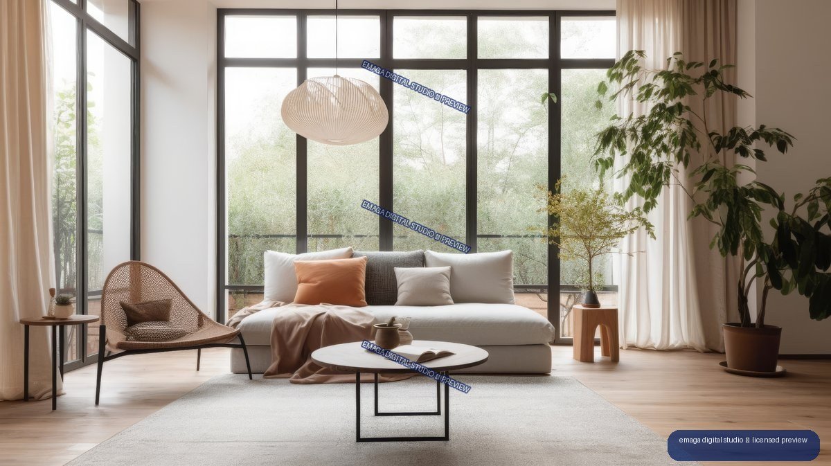Minimalist Japandi living room with a white sofa, woven chair, plants, large windows, and a round coffee table.